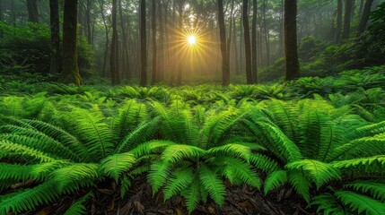 Lush ferns blanket forest floor, sunbeams pierce fog