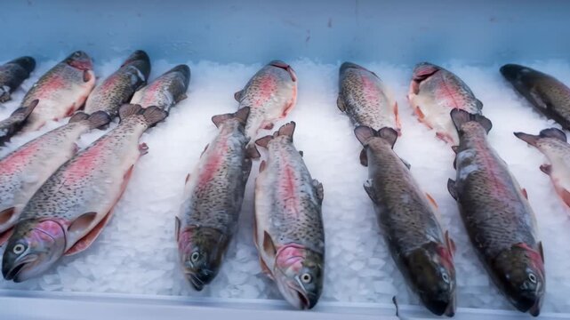 Fresh Rainbow Trout on Ice at Market - Rows of fresh, whole rainbow trout lie on a bed of crushed ice in a market display. The fish are glistening and appear ready for sale.