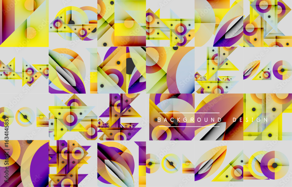 Poster abstract geometric patterns repeat. yellow, purple, orange dominate composition. modern design eleme