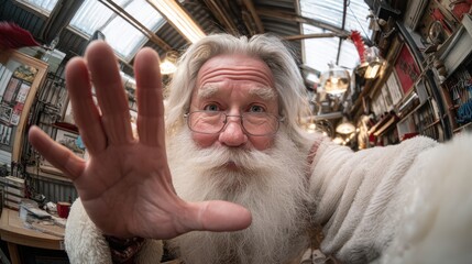 A cheerful older man with a long white beard and glasses reaches out towards the camera in a cluttered, festive workshop setting.