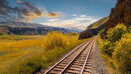 Fototapeta premium scenic view of a train track featuring a distinctive yellow rail and surrounding landscape in high quality detail