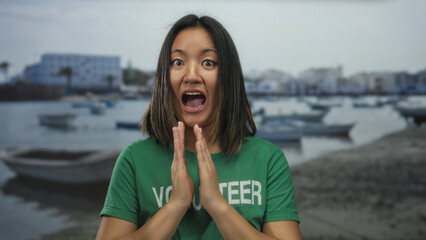 Woman smiling young volunteer wearing green shirt standing by seaside with boats visible in...