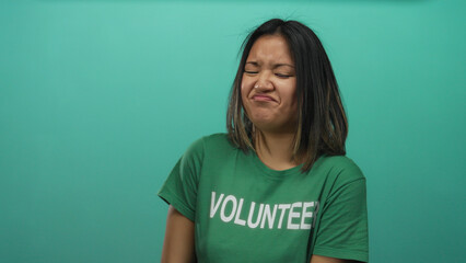 Woman with disgusted expression in green volunteer t-shirt against an isolated green wall...