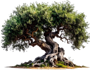 Ancient olive tree with twisted trunk, isolated on transparent background, generative AI