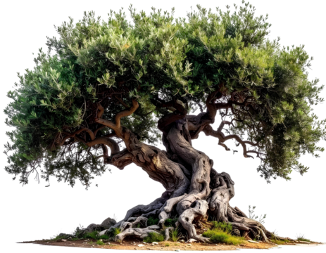 Ancient olive tree with twisted trunk, isolated on transparent background, generative AI