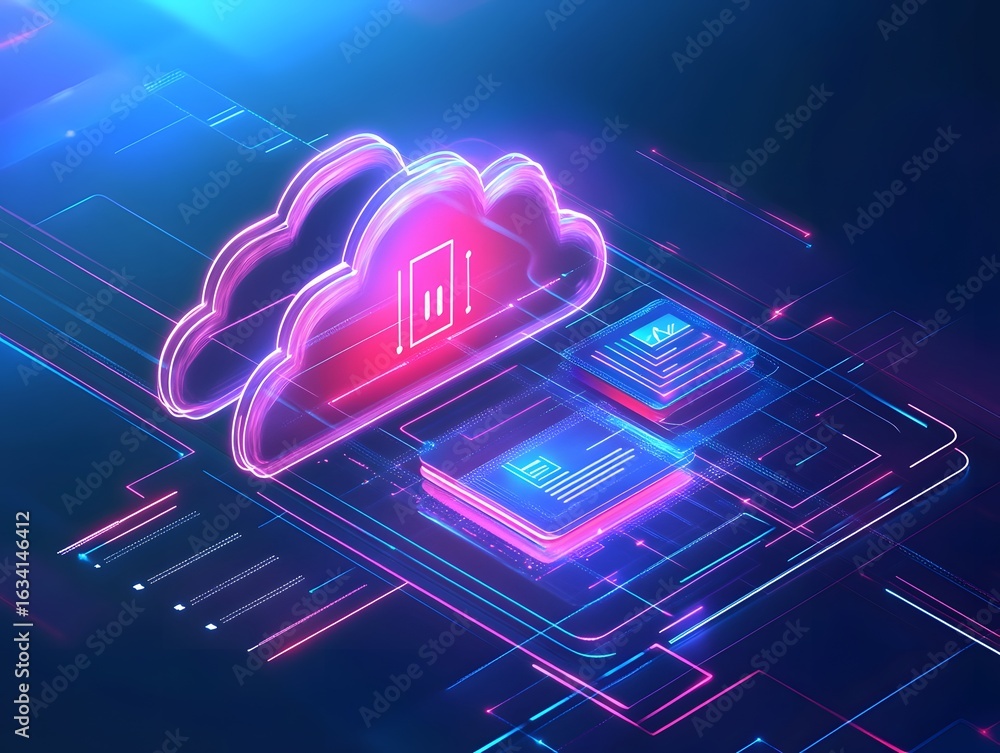 Poster futuristic cloud computing concept with glowing neon elements. ideal for showcasing digital transfor