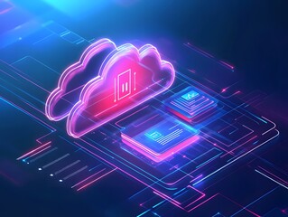 Futuristic cloud computing concept with glowing neon elements. Ideal for showcasing digital transformation, data storage, and modern technology in a visually captivating way.