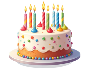 3D cartoon birthday cake with candles, isolated on transparent background, generative AI