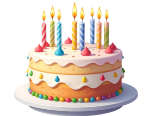 3D cartoon birthday cake with candles, isolated on transparent background, generative AI