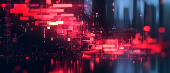 Futuristic digital background with vibrant red and blue pixel patterns.