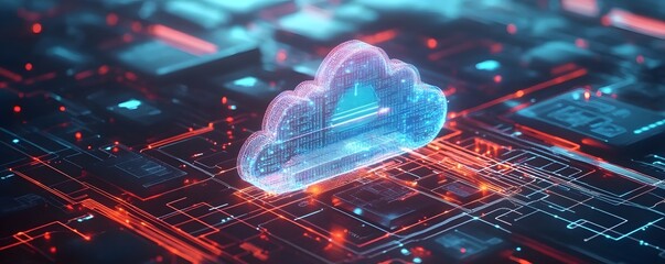 Futuristic digital cloud symbol floating over a high-tech circuit board