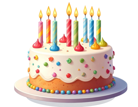 3D cartoon birthday cake with candles, isolated on transparent background, generative AI - Powered by Adobe