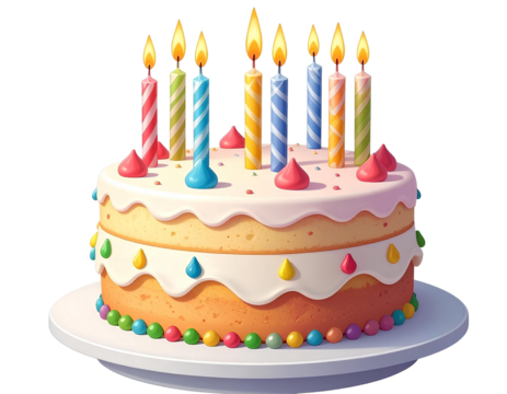 3D cartoon birthday cake with candles, isolated on transparent background, generative AI