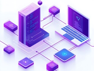 Futuristic tech illustration featuring networked computer systems and data flow.