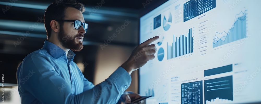 Poster professional analyzing data on a digital screen with graphs and statistics.