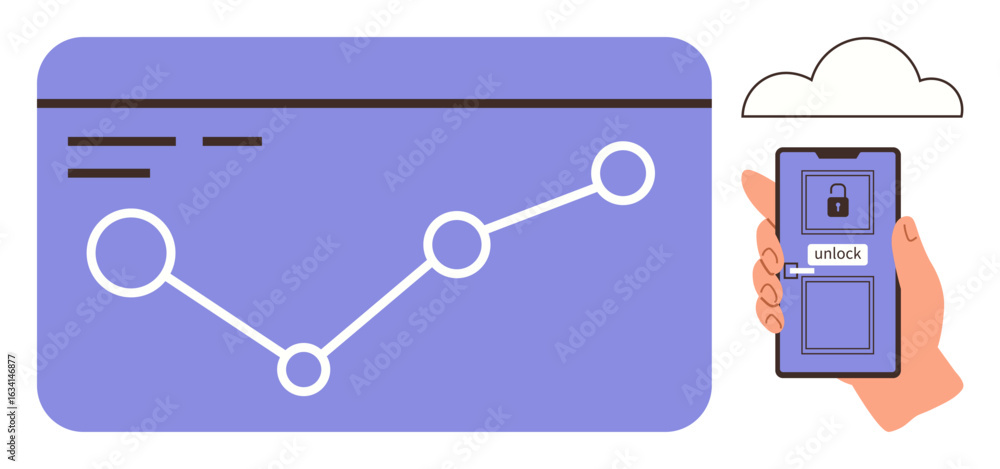 Poster trend line graph with data points, hand holding smartphone with security unlock, cloud above. ideal 