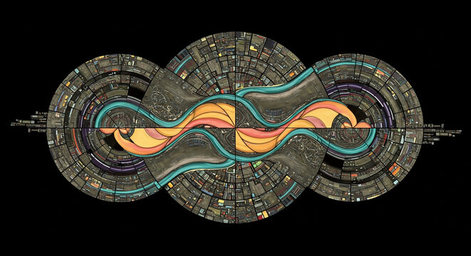 Abstract geometric artwork of a celestial river flowing through intricate futuristic mandalas on a black background - Powered by Adobe
