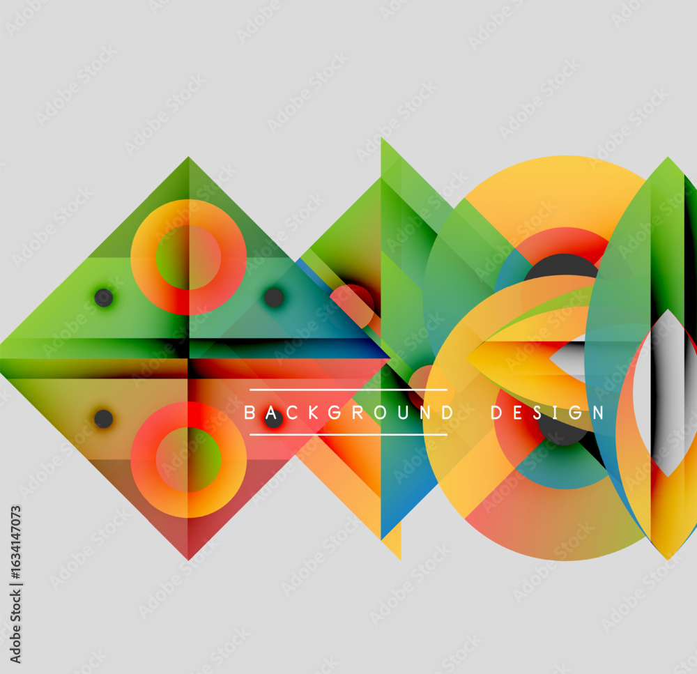 Poster abstract geometric shapes overlap, creating vibrant colorful design. circles, triangles, squares for