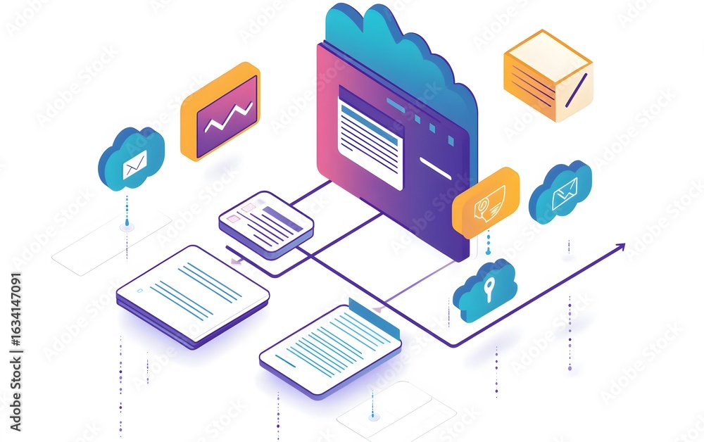 Poster this illustration depicts the flow of data between cloud services, showcasing digital connectivity a