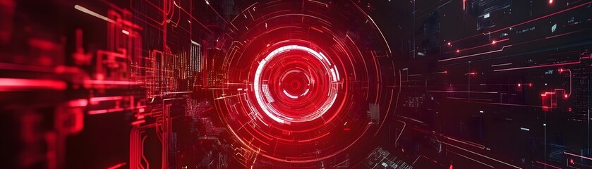 This futuristic digital background features vibrant red circular patterns with abstract technology elements, perfect for presentations, websites, or creative projects emphasizing i