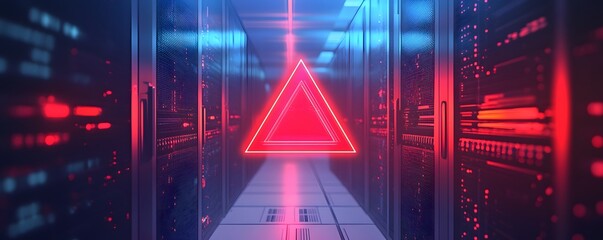This futuristic image features a neon triangle surrounded by high-tech server equipment, portraying a digital atmosphere perfect for technology themes and innovation.