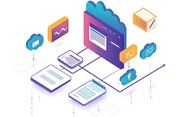 This illustration depicts the flow of data between cloud services, showcasing digital connectivity and the various applications of online information management systems.