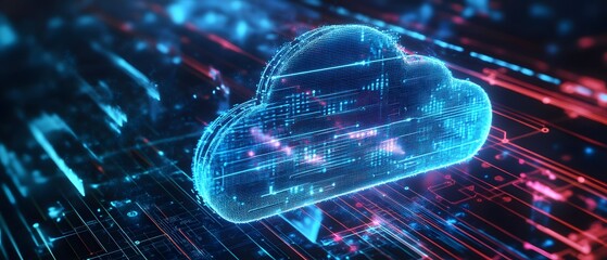 This image depicts a futuristic cloud symbol enhanced with vibrant blue and red data streams, representing digital connectivity and cloud computing innovation.
