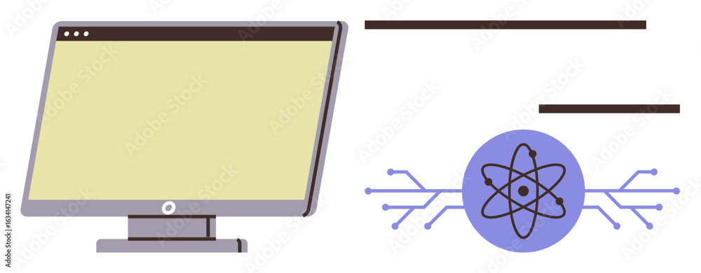 Poster monitor alongside atom model with circuit lines illustrating science, innovation, data, technology, 