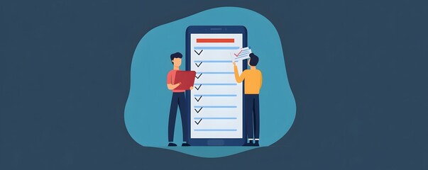 Two people completing a checklist on a smartphone for project management.