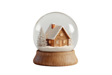 A snow globe with a wooden cabin nestled in snow