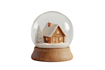 A snow globe with a wooden cabin nestled in snow