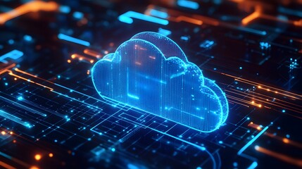 Vibrant digital cloud computing image with glowing elements, representing data storage and connectivity in a modern technological landscape. Ideal for tech-related projects.