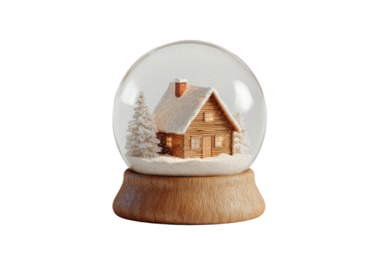 A snow globe with a wooden cabin nestled in snow