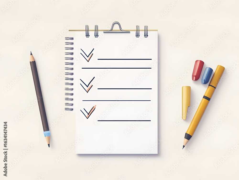 Poster a clean, organized workspace featuring a notebook with checkboxes and colorful pens, ideal for produ