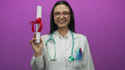 Young woman doctor in white coat with stethoscope holds diploma happily against a vibrant pink...