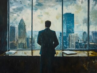 A businessman gazes out of a skyscraper window, contemplating the bustling city below. The dramatic skyline and moody clouds reflect ambition and the challenges of urban life.