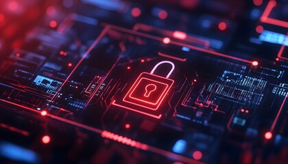 A captivating close-up of a digital padlock symbol, representing cybersecurity and data protection within a complex circuit board backdrop. Ideal for tech-related projects.