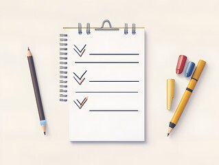 A clean, organized workspace featuring a notebook with checkboxes and colorful pens, ideal for productivity and task management.