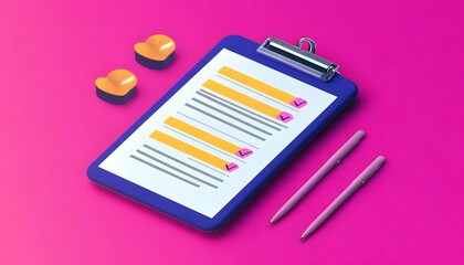 A clipboard with a checklist surrounded by colorful stationery. The vibrant background enhances the focus on organization and productivity, perfect for office or personal use.