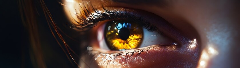 A close-up of a human eye showcasing vibrant orange and brown hues, capturing the intricate details of the iris and reflecting light, symbolizing depth and human emotion.