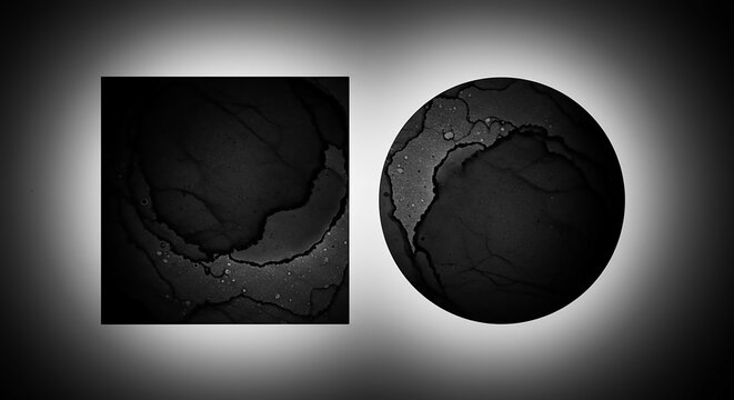 Abstract monochromatic composition of geometric shapes. Black and white square and circle with watercolor ink textures.