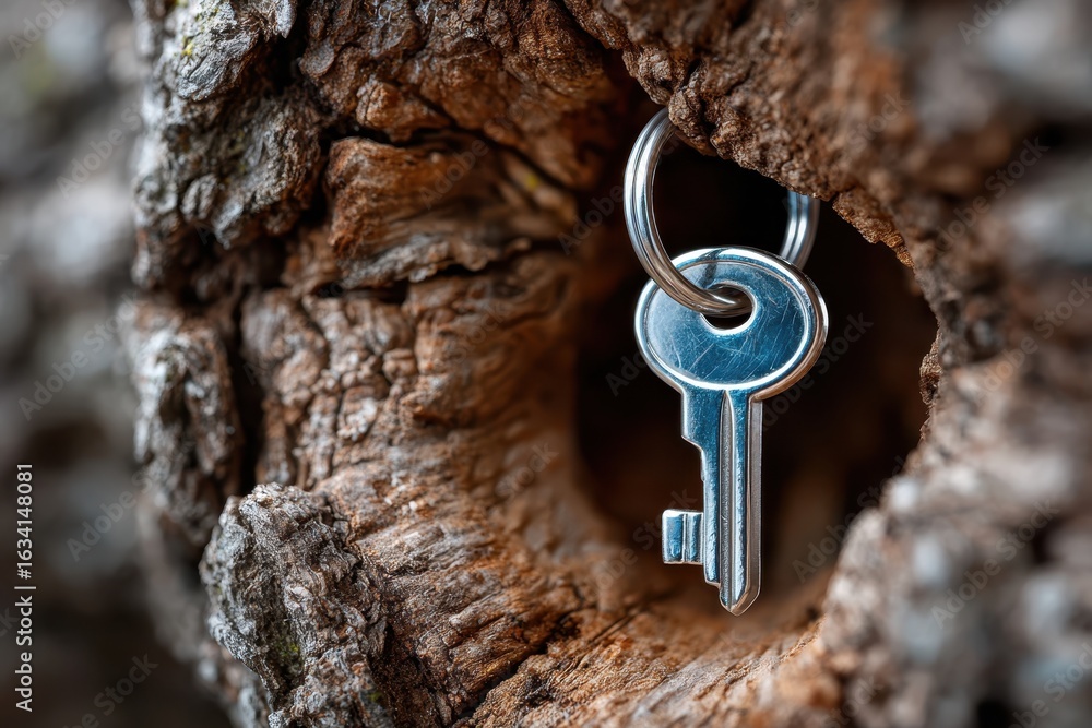 Poster key inserted into the textured surface of a tree trunk during daylight