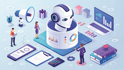 Isometric Vector Illustration of Artificial Intelligence Integration into Business and Marketing Strategy with Data Analysis and Automated Communication Channels