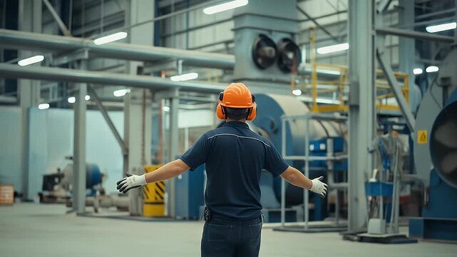 Factory worker in PPE stands amidst large machinery, facing away from the viewer