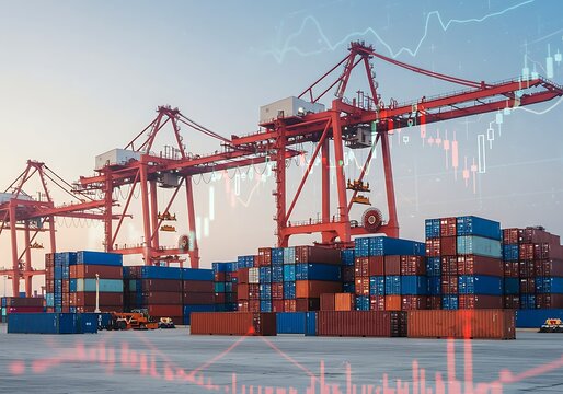 Global Trade and Financial Markets: Cargo Cranes with Stock Chart Overlay