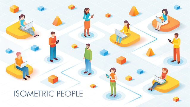 Isometric People Connected in a Network with Digital Devices Representing Modern Communication and Collaboration