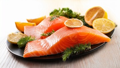 fresh salmon slices with citrus fruits and herbs