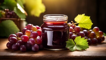a jar of grape jam surrounded by fresh grapes and green leaves showcasing homemade preserves on a wooden table