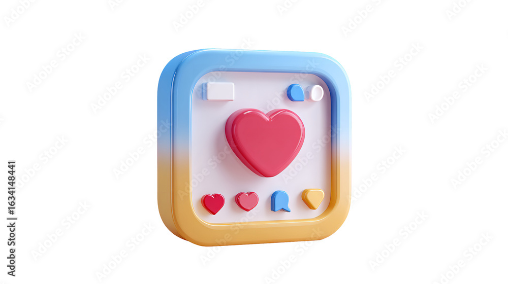 Poster Glossy Instagram icon rendering with heart elements on transparent background