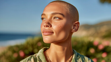 Woman with a shaved head is standing on a beach